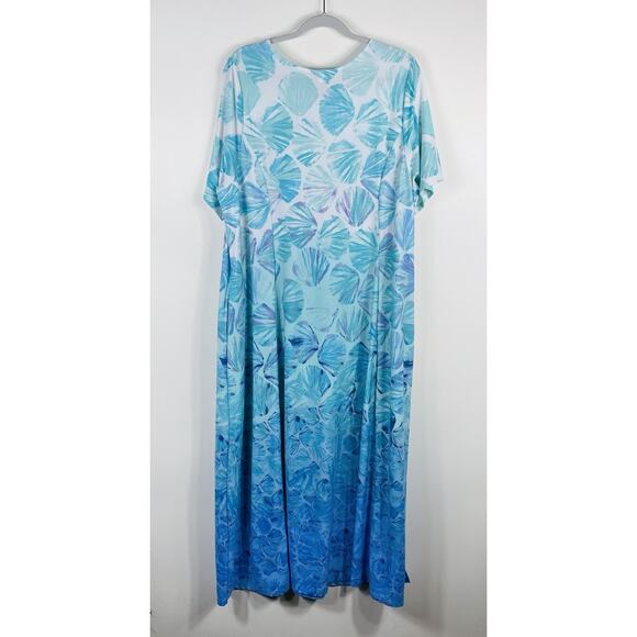 Catherines Plus Size 2X Petite Seashell Print Casual Maxi Dress Green Blue - Picture 2 of 4